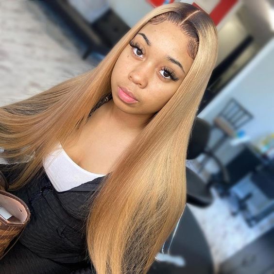 Ombre 1B/27 Color Honey Blonde Hair with Dark Roots Human Hair Lace Front Wig