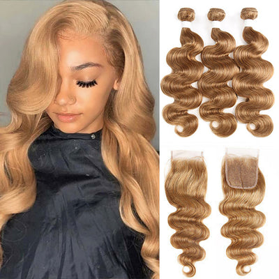 27# Blonde Color Body Wave Hair Bundles With 4*4 Lace Closure Brazilian Hair