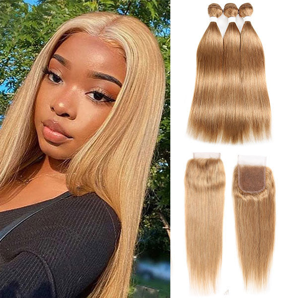 27# Color Honey Blonde 3 Bundles With Lace Closure Straight Hair