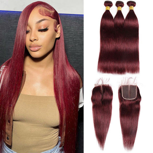Burgundy 99j Color Straight 3 Bundles With HD Lace Closure