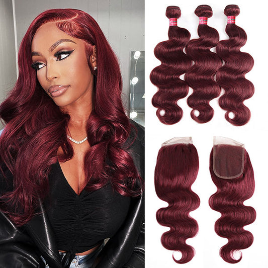 99j Color Hair Body Wave Human Hair Bundles With 4x4 Lace Closure