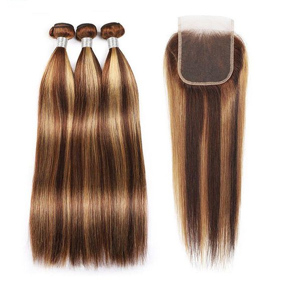 P4/27 Highlight Straight Hair Bundles with Closure Ombre Human Hair Bundles Extensions with Transparent Lace Closure