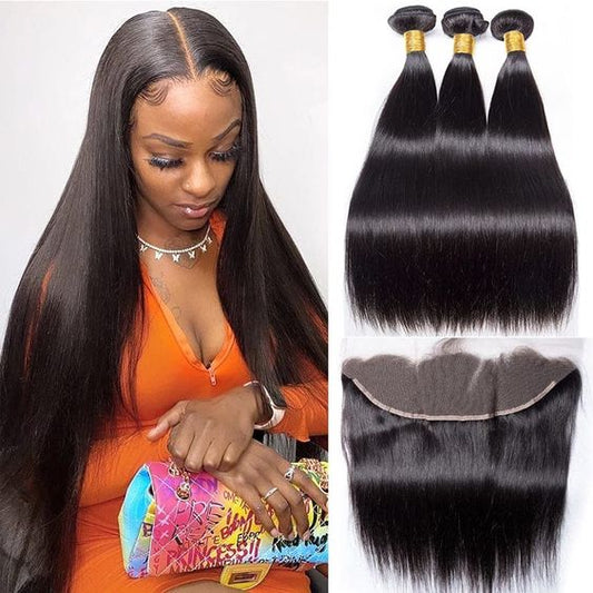 Brazilian Straight Remy Hair 38 Inch Human Hair Bundles With 13X4 Lace Frontal Human Hair Bundles with Closure