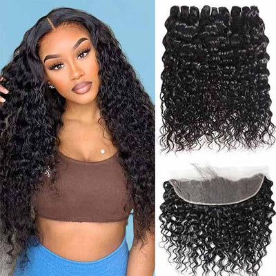 Water Wave Bundles with Frontal Wet and Wavy Human Hair Extensions with 13x4 Lace Frontal