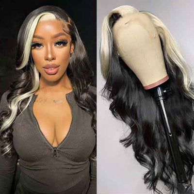 Skunk Stripe Black and Blonde Hair Glueless 13x4 Transparent Lace Front Wigs