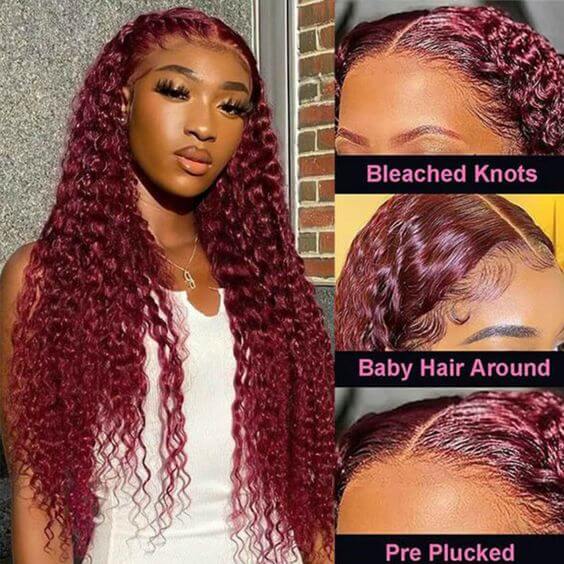 Deep Curly Hair Burgundy Color HD Lace Front Wigs 99J Color Pre Pluck Deep Wave Lace Front Human Hair Wigs