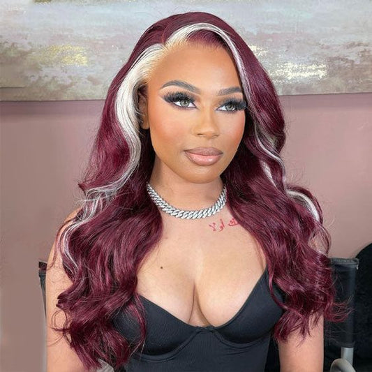 Burgundy with Blonde Skunk Stripe Color Body Wave Transparent Lace Front Wigs 99J Red Wine Color Wig