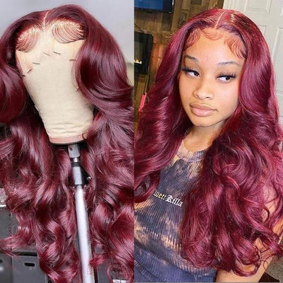 Burgundy Hair 13x4 Body Wave Lace Front Wig 99J Dark Wine Color Transparent Lace Human Hair Wigs for Women