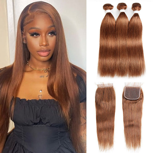 Color 4 Human Hair Straight Hair Bundles With Transparent Lace Closure