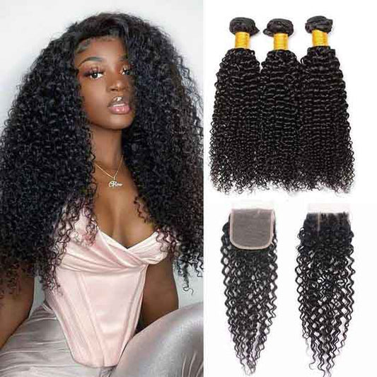 Brazilian Curly Hair 3 Bundles with Closure Transparent Lace Closure with Remy Hair Extension
