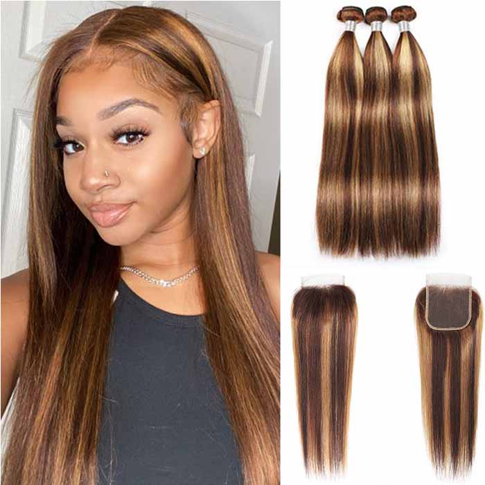 P4/27 Highlight Straight Hair Bundles with Closure Ombre Human Hair Bundles Extensions with Transparent Lace Closure