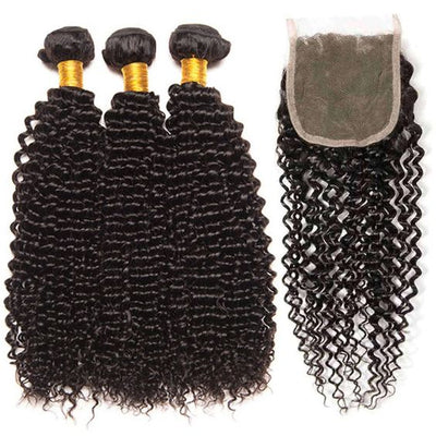 Brazilian Curly Hair 3 Bundles with Closure Transparent Lace Closure with Remy Hair Extension