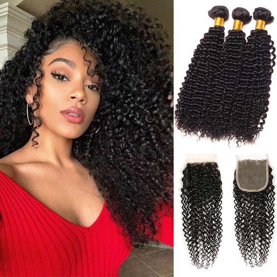 Brazilian Curly Hair 3 Bundles with Closure Transparent Lace Closure with Remy Hair Extension