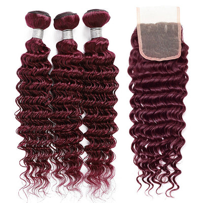 Burgundy 99j# Color Deep Wave Human Hair Bundles with Lace Closure Peruvian Hair