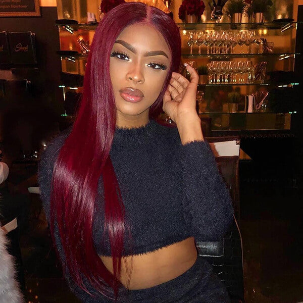 T Part Wig Straight 99J# Burgundy Lace Wigs HD Transparent Human Hair Wigs