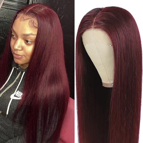 Uwigs 99J# Burgundy Straight Hair T Part Lace Front Wig Virgin Human Hair
