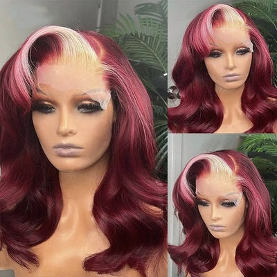 Burgundy with Blonde Skunk Stripe Color Body Wave Transparent Lace Front Wigs 99J Red Wine Color Wig