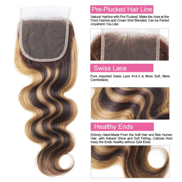 Highlight Bundles With Closure Brazilian Ombre Body Wave Hair Bundles With 4X4 Lace Closure P4/27 Honey Blonde Remy Hair Weave Bundles