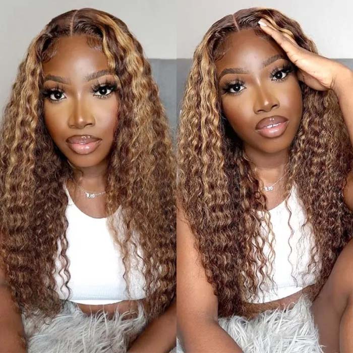 Curly Hair 13x4 Lace Front Wig Pre Plucked Lace Wigs Brown Hair with Blonde Highlights