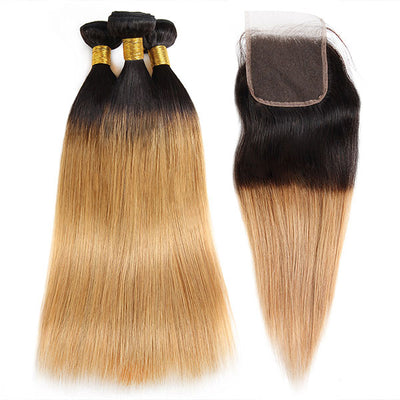 Ombre T1b/27 Colored Human Hair Straight Hair Bundles With Lace Closure