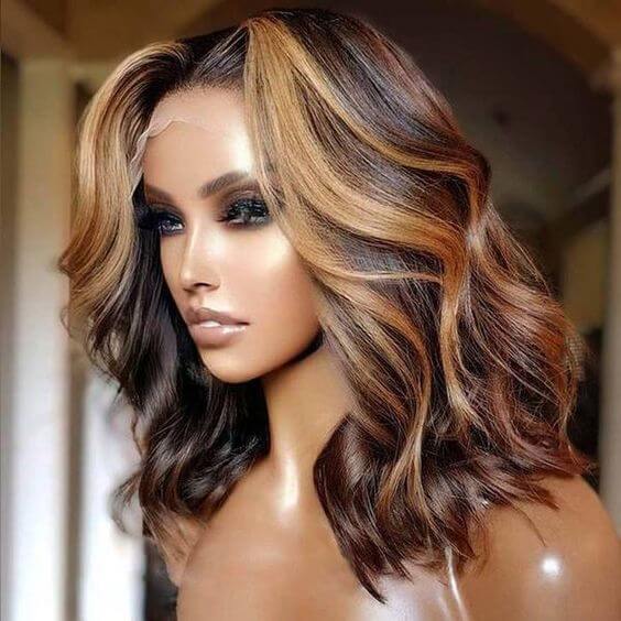 Short Bob Wig  Body Wave Honey Blonde Highlights Human Hair Lace Wigs