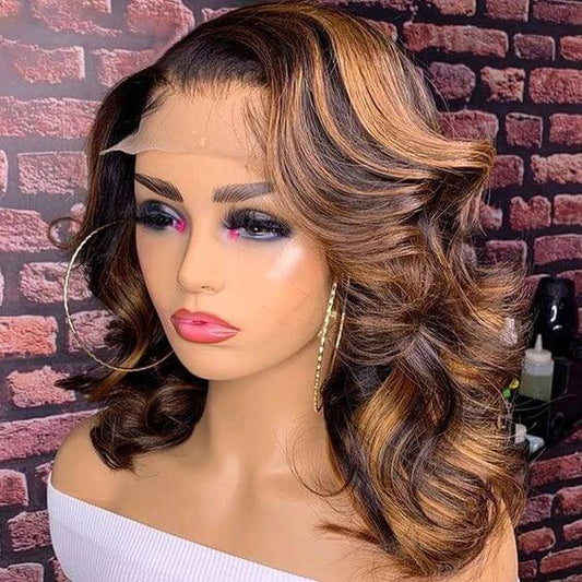 Short Bob Wig  Body Wave Honey Blonde Highlights Human Hair Lace Wigs