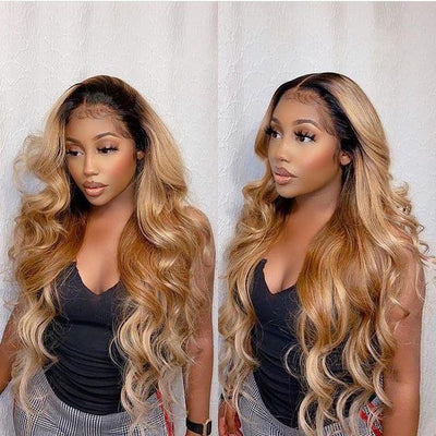 Ombre 1B/27 Color Honey Blonde Hair with Dark Roots Human Hair Lace Front Wig