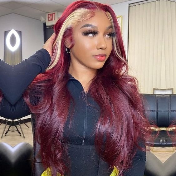 Burgundy with Blonde Skunk Stripe Color Body Wave Transparent Lace Front Wigs 99J Red Wine Color Wig