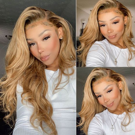 Ombre 1B/27 Color Honey Blonde Hair with Dark Roots Human Hair Lace Front Wig