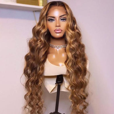 Brown Hair with Blonde Highlights Transparent Lace Body Wave Lace Front Wigs