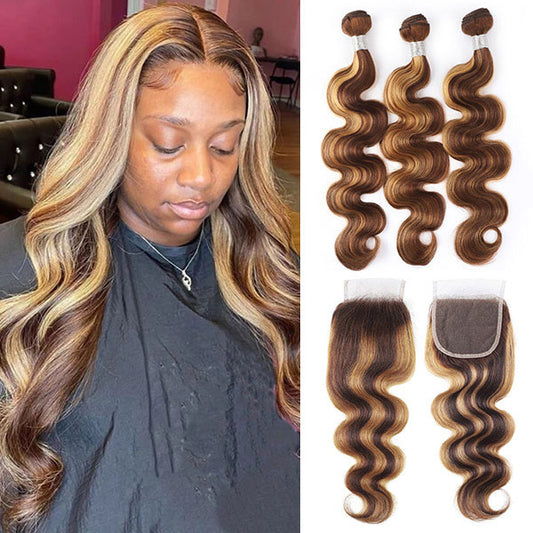 Highlight P4/27 Body Wave Human Hair With 4x4 Lace Closure Peruvian Human Hair Bundle