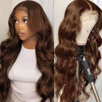 #4 Dark Brown Body Wave 13x4 Transparent Colored Lace Front Wigs Human Hair Pre Plucked For Black Women