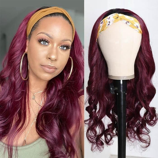 Burgundy Body Wave Hair Headband Wig Affordable Natural Hair Half Wigs - UWigs