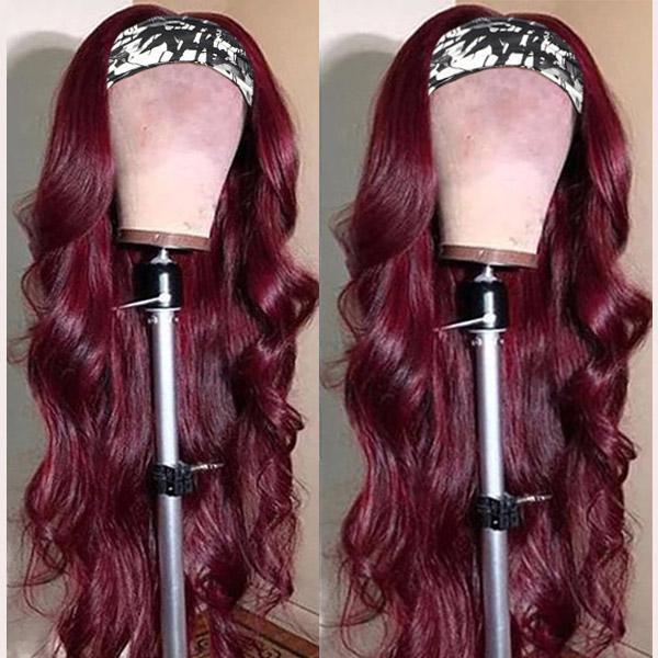 Burgundy Body Wave Hair Headband Wig Affordable Natural Hair Half Wigs - UWigs