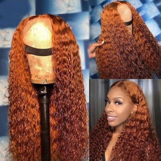 Deep Curly Human Hair Lace Wig Ginger Color Glueless Transparent T Part Lace Wig