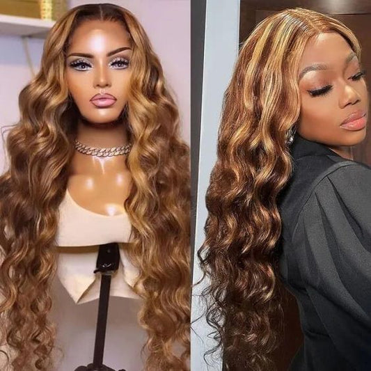 Highlights Body Wave Human Hair Lace Front Wigs Honey Blonde Highlights Hair 4x4 HD Lace Closure Wig Colored Human Hair Wigs