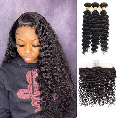 Deep Wave Bundles with 13x4 Lace Frontal HD Lace Frontal and Bundles Human Remy Deep Curly Hair Bundles with Lace Frontal