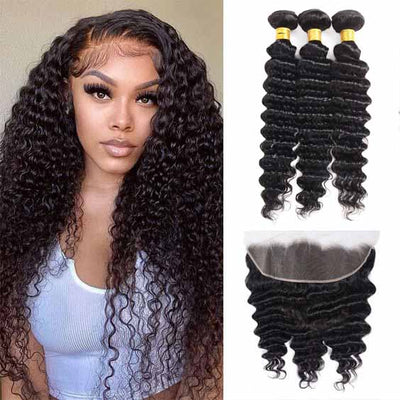 Deep Wave Bundles with 13x4 Lace Frontal HD Lace Frontal and Bundles Human Remy Deep Curly Hair Bundles with Lace Frontal
