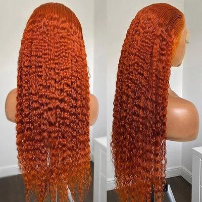 Deep Curly Human Hair Lace Wig Ginger Color Glueless Transparent T Part Lace Wig
