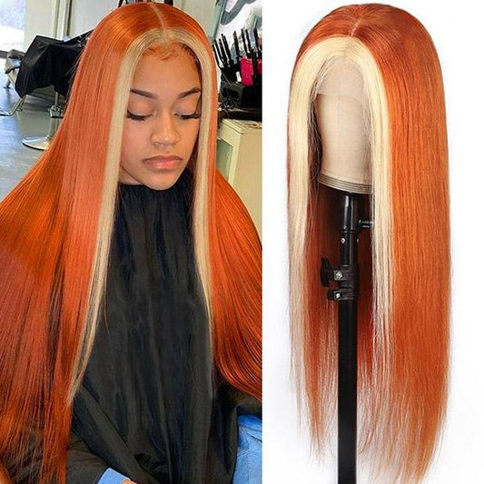 Ombre Color Ginger Hair with Blonde Highlights Straight Human Hair Lace Front Wigs