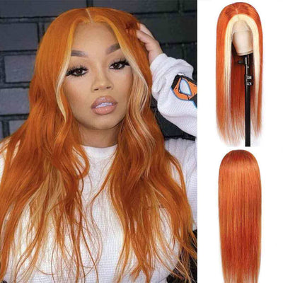 Ombre Color Ginger Hair with Blonde Highlights Straight Human Hair Lace Front Wigs