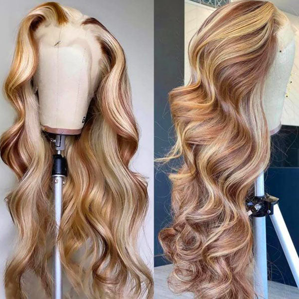 Body Wave 13x4 Front Wigs Brown With Blonde Highlights #P4/613 Human Hair HD Lace Wigs