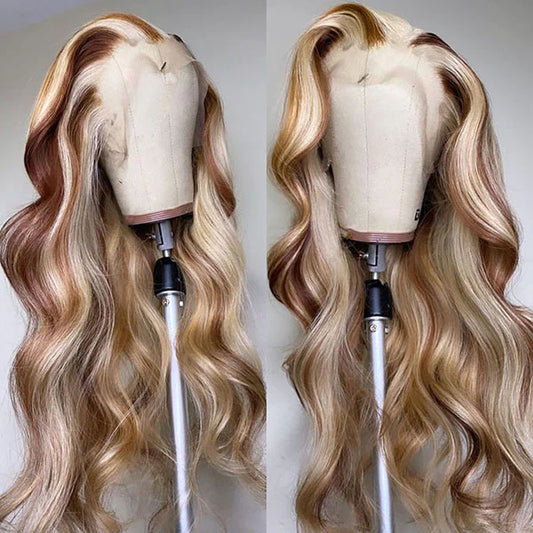 Body Wave 13x4 Front Wigs Brown With Blonde Highlights #P4/613 Human Hair HD Lace Wigs