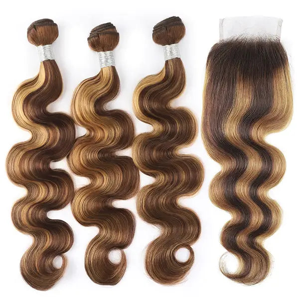 Highlight Bundles With Closure Brazilian Ombre Body Wave Hair Bundles With 4X4 Lace Closure P4/27 Honey Blonde Remy Hair Weave Bundles