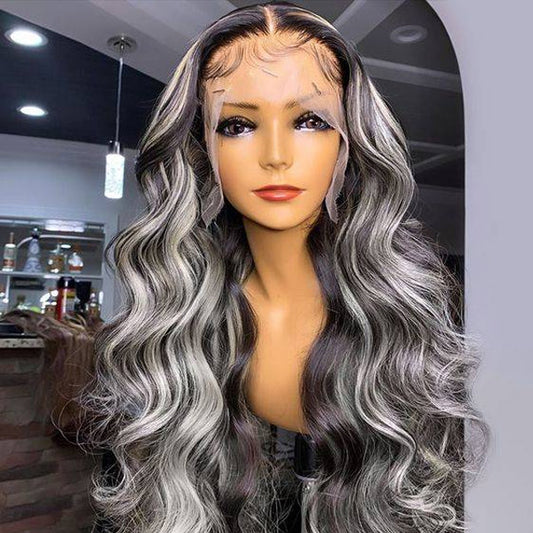 Platinum Blonde Grey Highlights Body Wave Lace Front Wigs 13x4 Colored Human Hair Wigs