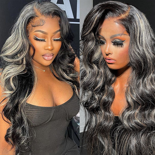 Platinum Blonde Grey Highlights Body Wave Lace Front Wigs 13x4 Colored Human Hair Wigs