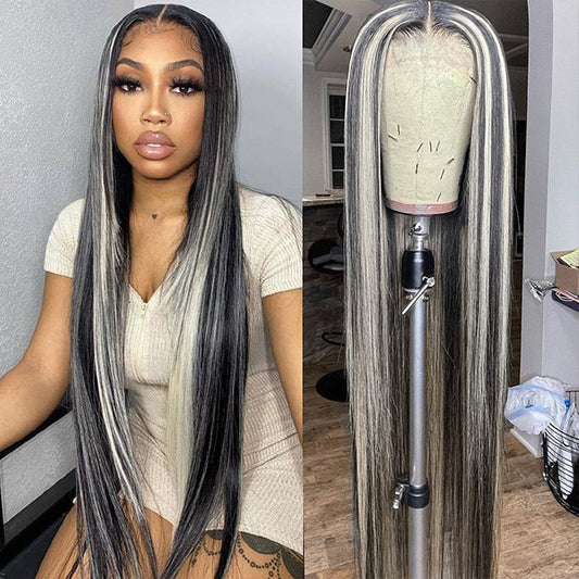 Highlights Grey Straight Lace Front Wigs 13x4 Platinum Blonde Colored Human Hair Wigs