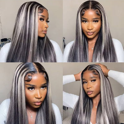 Highlights Grey Straight Lace Front Wigs 13x4 Platinum Blonde Colored Human Hair Wigs