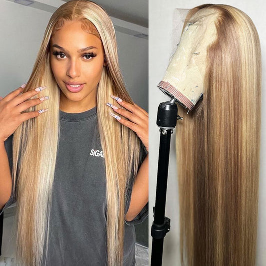 Brown Wig With Blonde Highlights #P4/613 Straight Human Hair Lace Front Wigs