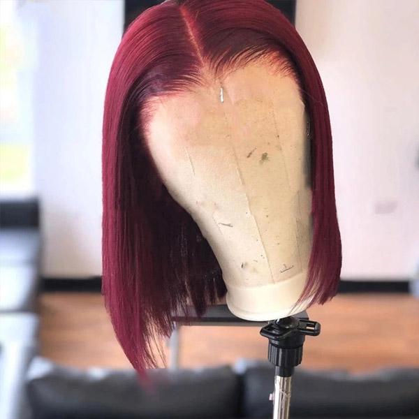 Lace Part Wig Straight Hair Lace Wig Short Bob 99J Burgundy Color - UWigs